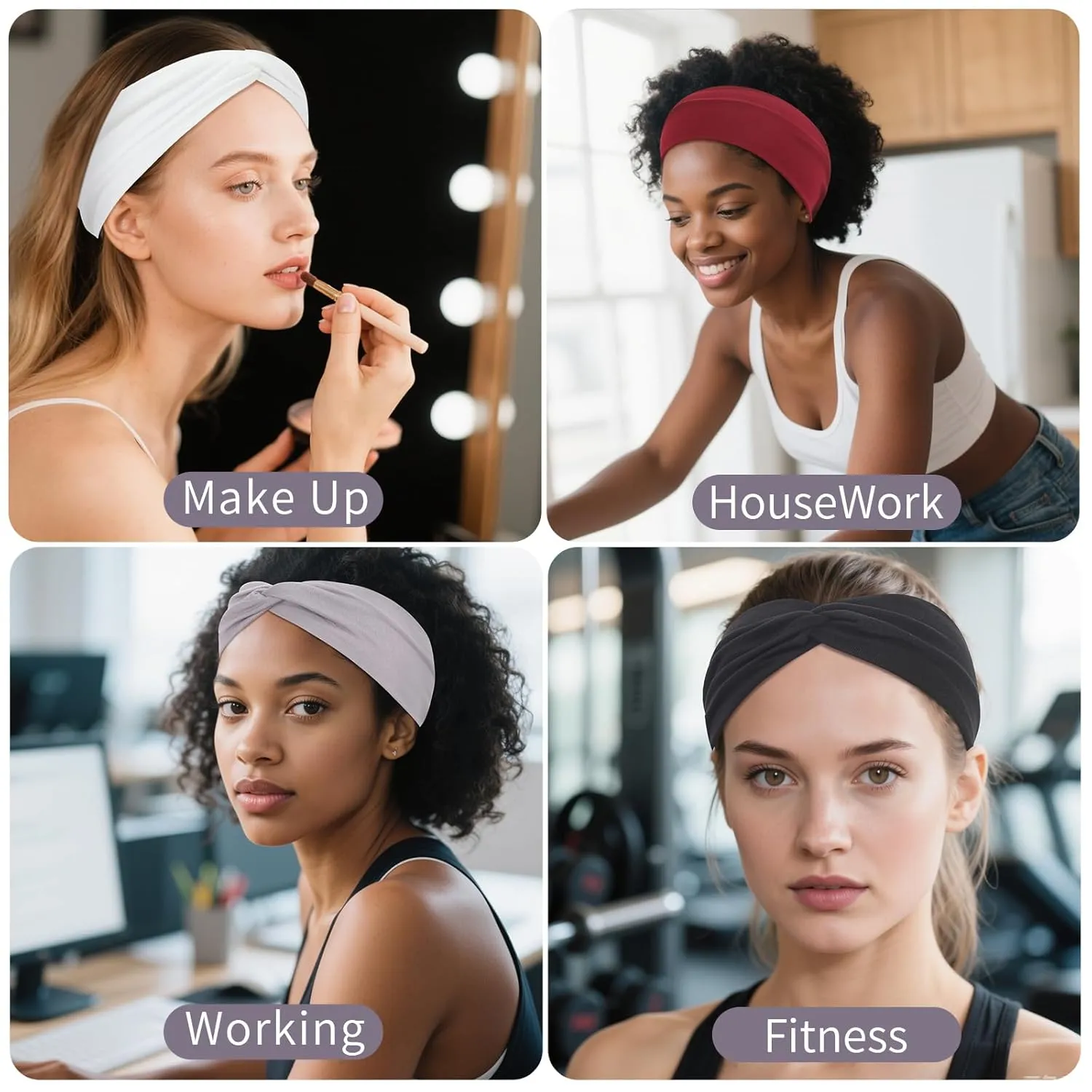 12 Pcs Stretchy Headbands for Women, Absorbed Sport Headband Soft Twist Knotted Hairbands for Daily Life Yoga Workout(Black/Grey/White/Red)