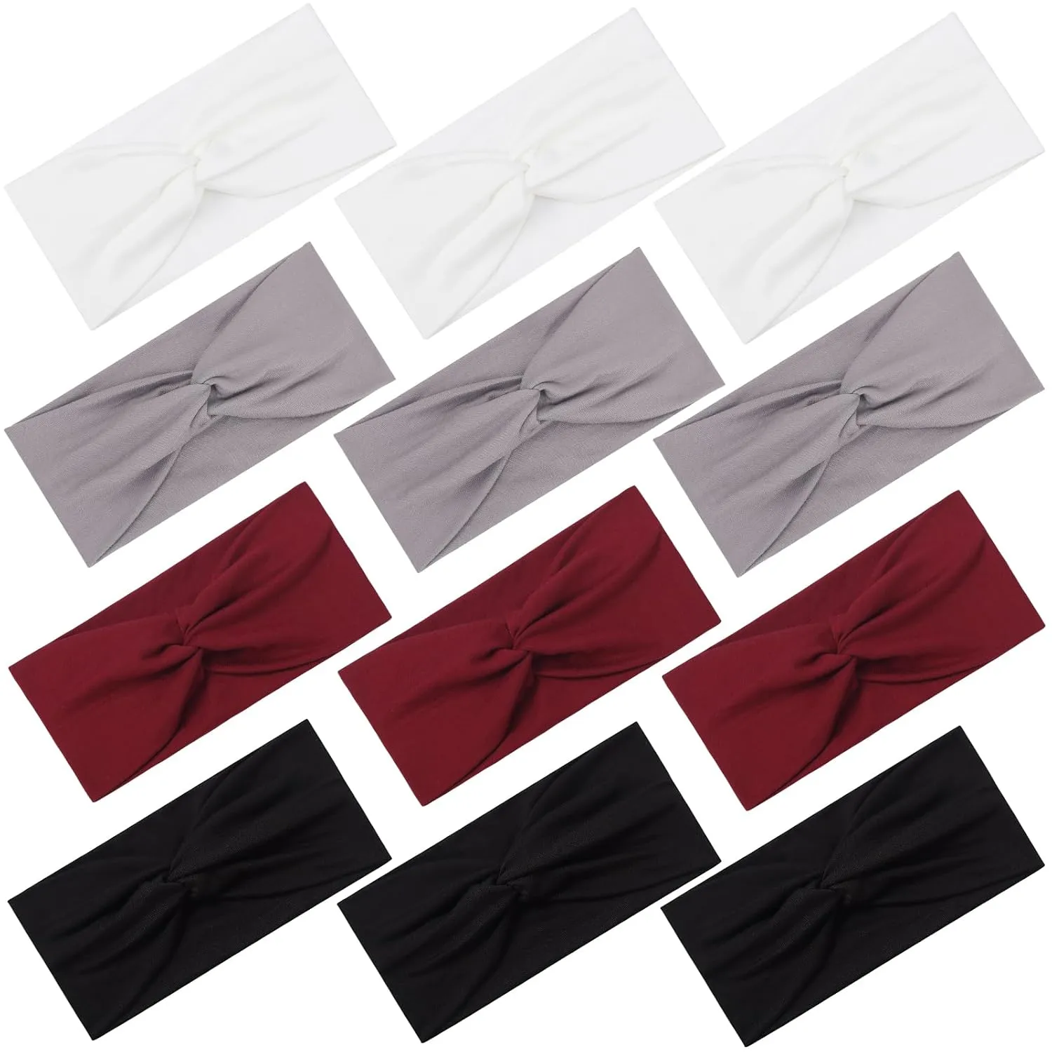 12 Pcs Stretchy Headbands for Women, Absorbed Sport Headband Soft Twist Knotted Hairbands for Daily Life Yoga Workout(Black/Grey/White/Red)
