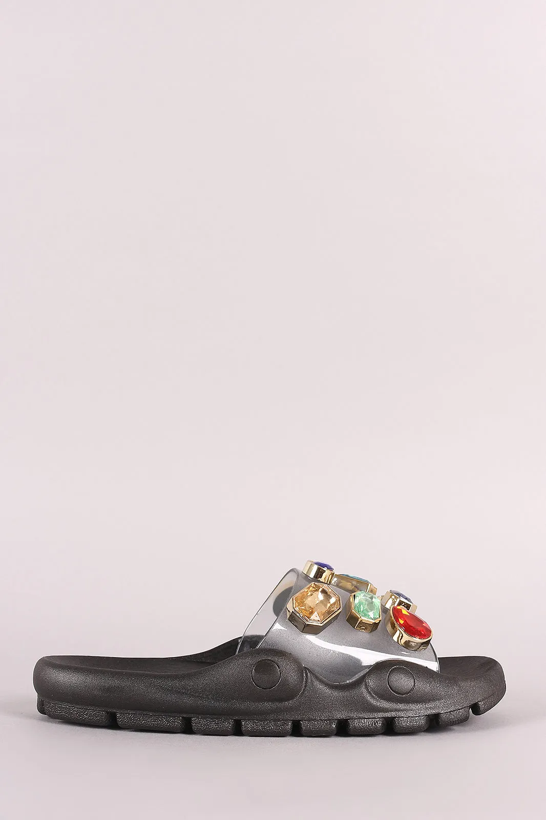 Bamboo Oversized Jeweled Accent Lug Sole Jelly Slide Sandal