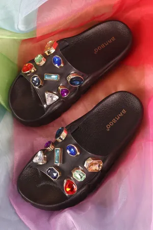 Bamboo Oversized Jeweled Accent Lug Sole Jelly Slide Sandal