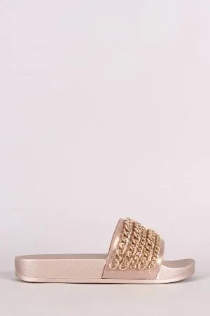 Chain Embellished Open Toe Slide Sandal