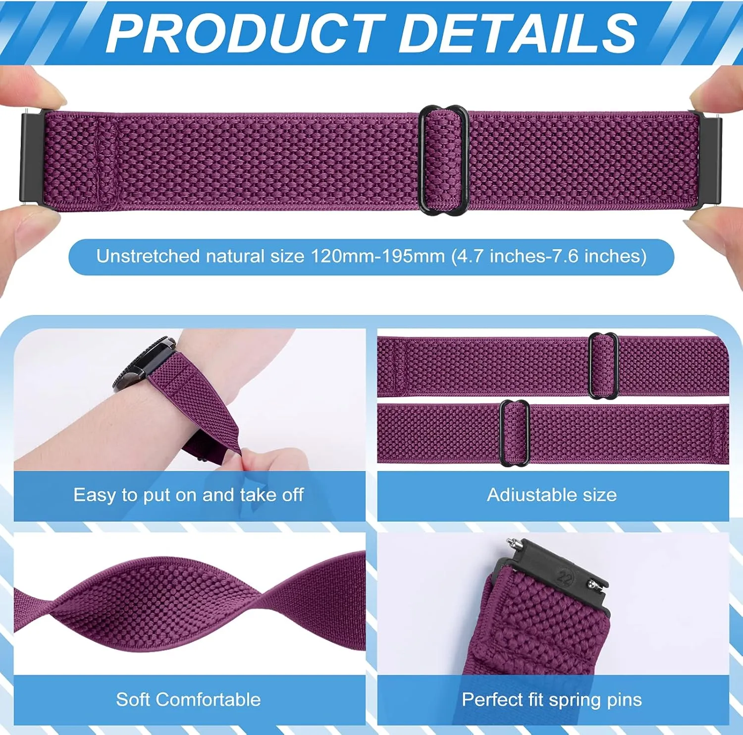 Compatible with 16mm 18mm 19mm 20mm 22mm 24mm Watch Bands Quick Release Replacement Wristband,Adjustable Stretchy Nylon Solo Loop Straps Fabric Braided Sport Elastic Bands for Men Women