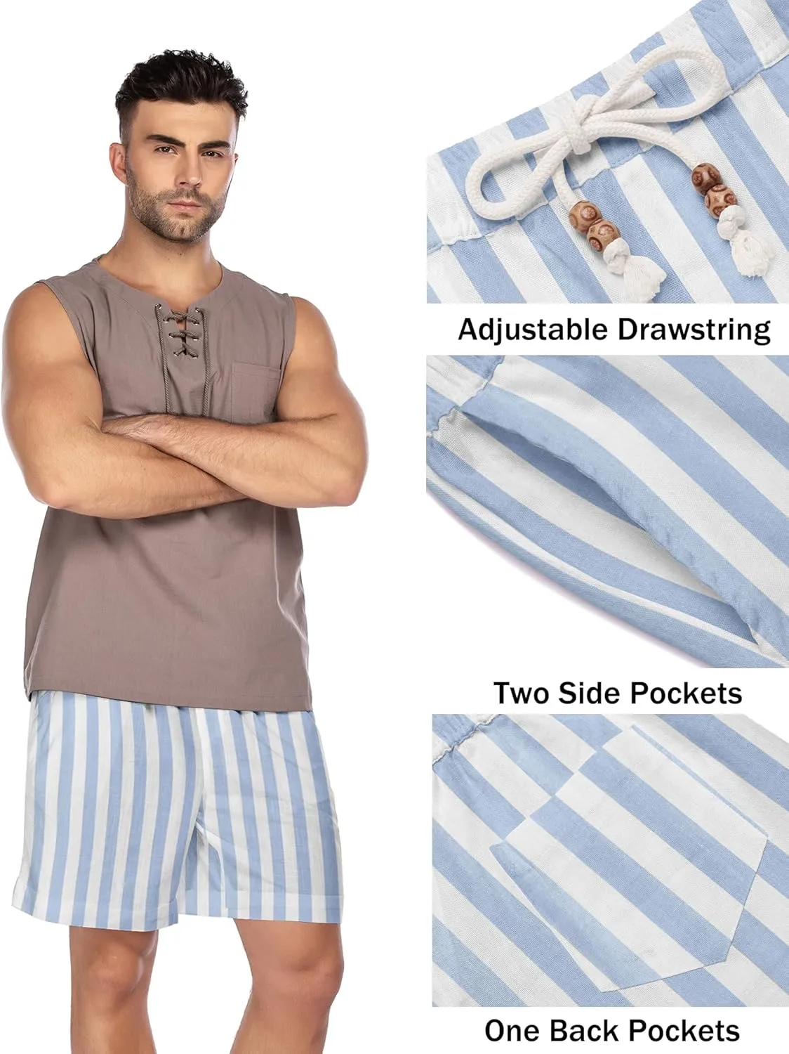 COOFANDY Men's Linen Shorts Casual Elastic Waist Drawstring Summer Beach Shorts