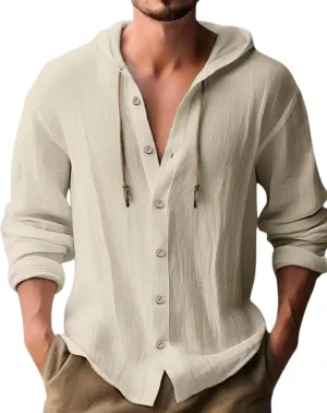 Cotton Linen Hoodie for Men Summer Casual Long Sleeve Button Down Hawaiian Beach Shirt Tops with Hood
