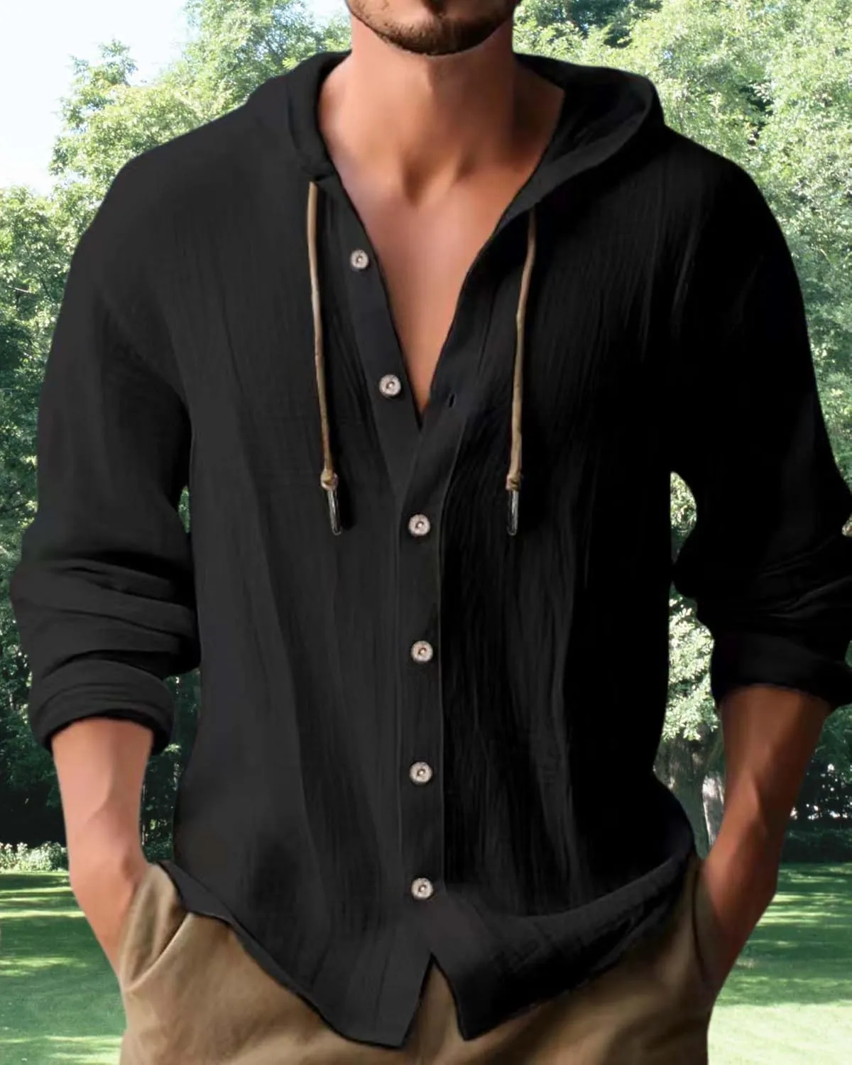 Cotton Linen Hoodie for Men Summer Casual Long Sleeve Button Down Hawaiian Beach Shirt Tops with Hood