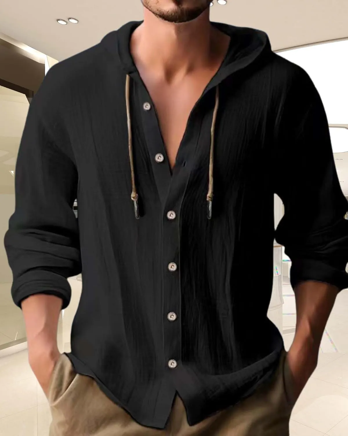 Cotton Linen Hoodie for Men Summer Casual Long Sleeve Button Down Hawaiian Beach Shirt Tops with Hood