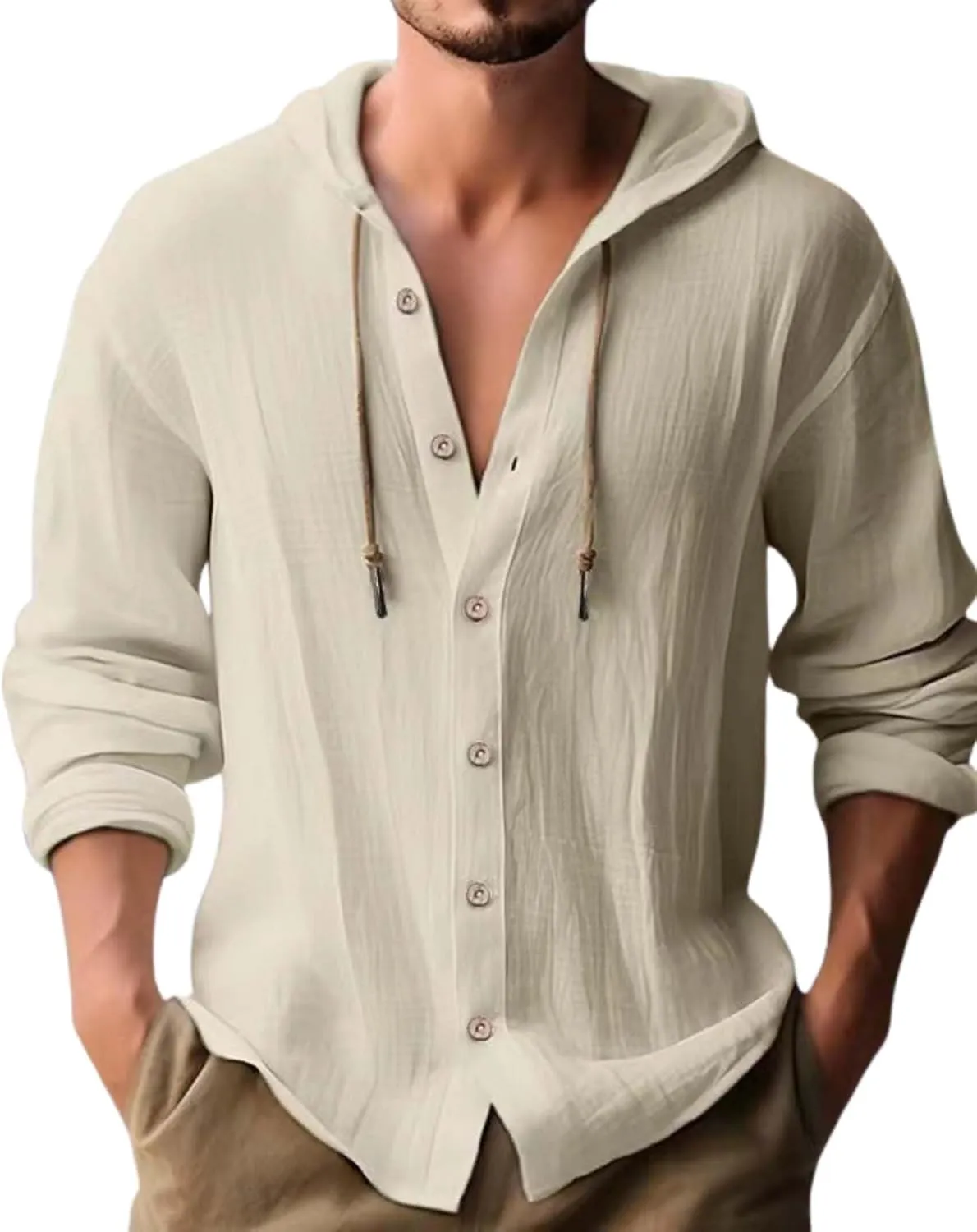 Cotton Linen Hoodie for Men Summer Casual Long Sleeve Button Down Hawaiian Beach Shirt Tops with Hood