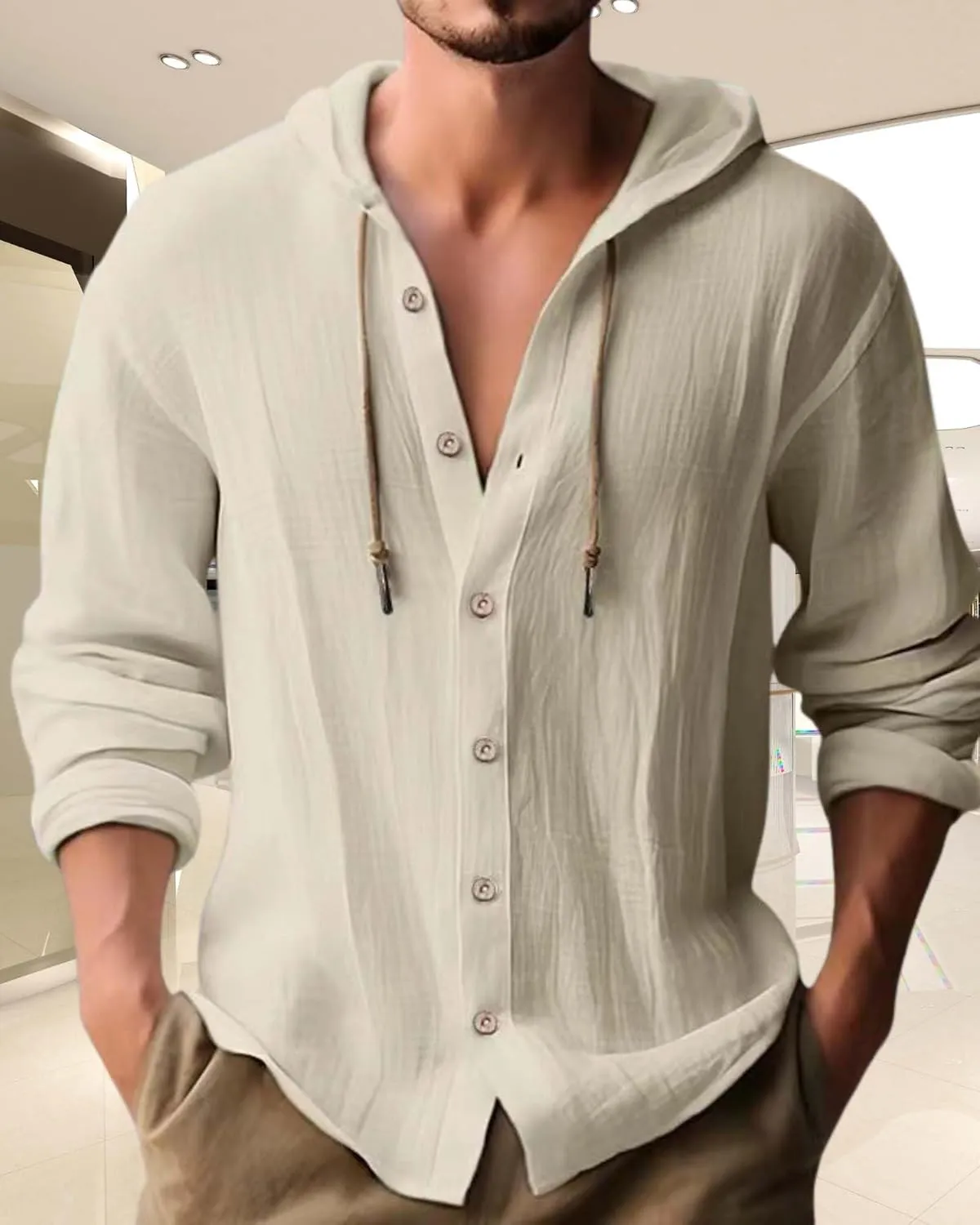 Cotton Linen Hoodie for Men Summer Casual Long Sleeve Button Down Hawaiian Beach Shirt Tops with Hood