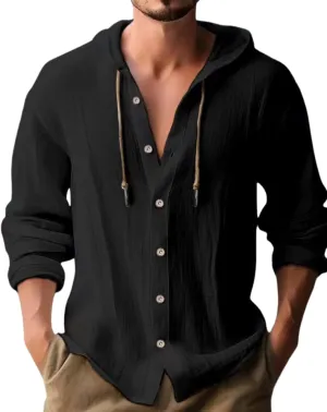 Cotton Linen Hoodie for Men Summer Casual Long Sleeve Button Down Hawaiian Beach Shirt Tops with Hood