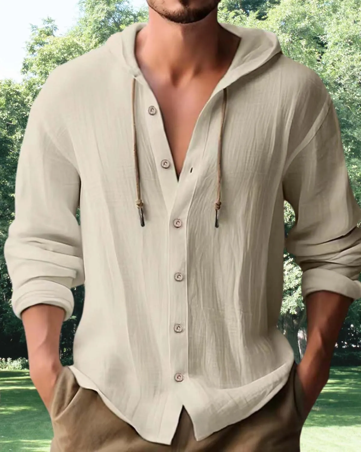 Cotton Linen Hoodie for Men Summer Casual Long Sleeve Button Down Hawaiian Beach Shirt Tops with Hood