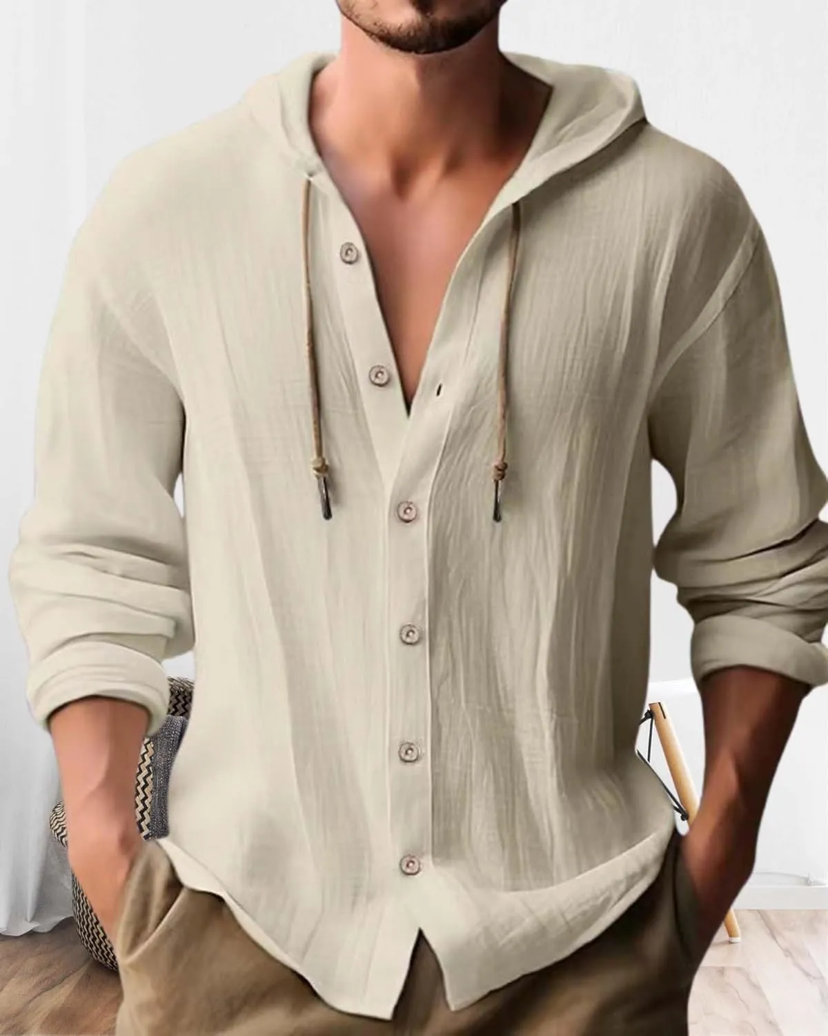 Cotton Linen Hoodie for Men Summer Casual Long Sleeve Button Down Hawaiian Beach Shirt Tops with Hood