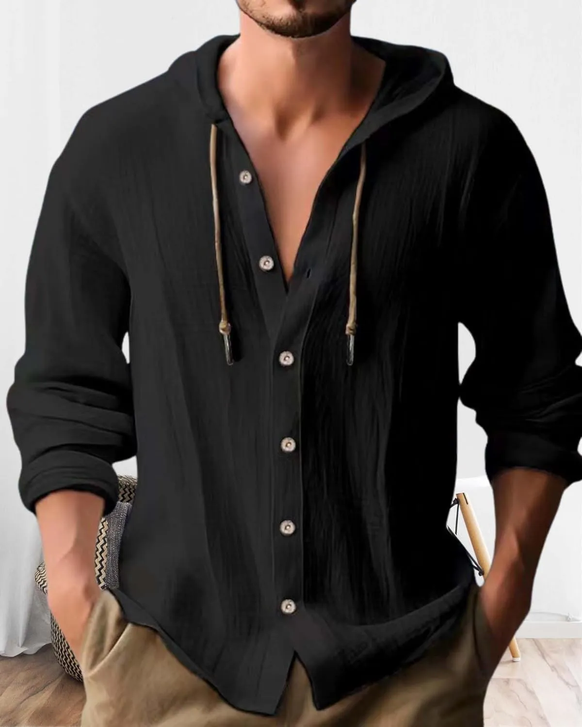 Cotton Linen Hoodie for Men Summer Casual Long Sleeve Button Down Hawaiian Beach Shirt Tops with Hood