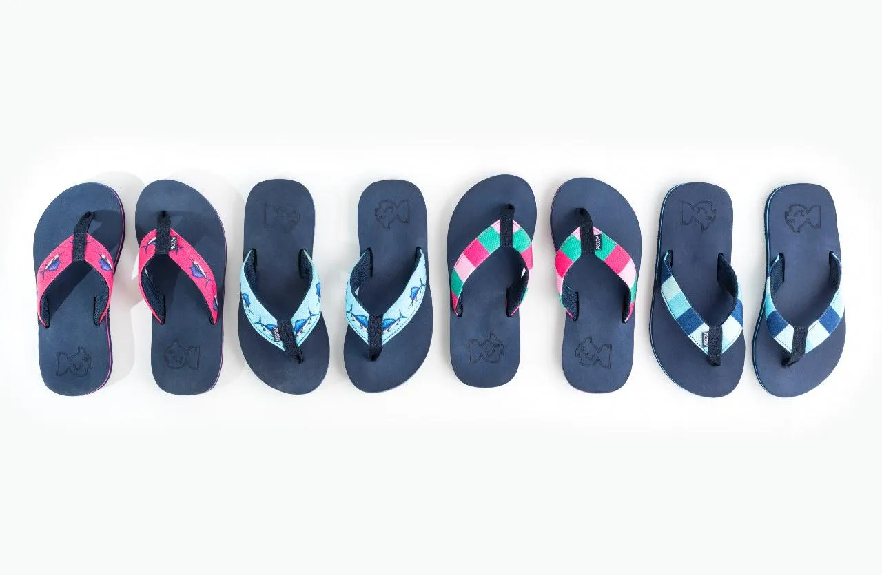 Fishin' Hole Flip Flops in Blue Sailfish Print