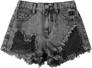 Girls Jean Shorts Ripped Raw Hem High Waist Cute Summer Y2K Distressed Denim Shorts for Teen Girls 8-14Y