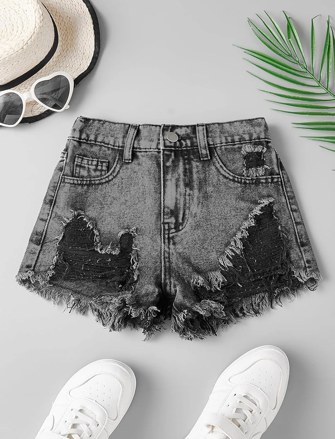 Girls Jean Shorts Ripped Raw Hem High Waist Cute Summer Y2K Distressed Denim Shorts for Teen Girls 8-14Y