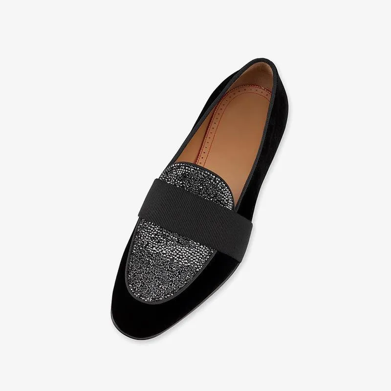 Glitter Rhinestone Strap Loafers Velvet Leather