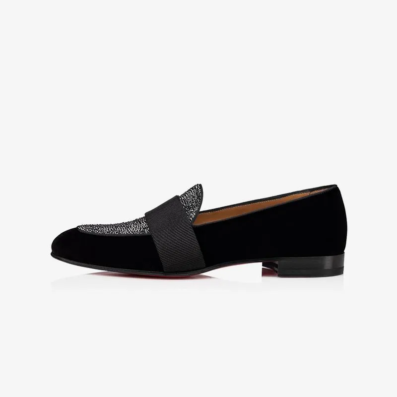 Glitter Rhinestone Strap Loafers Velvet Leather