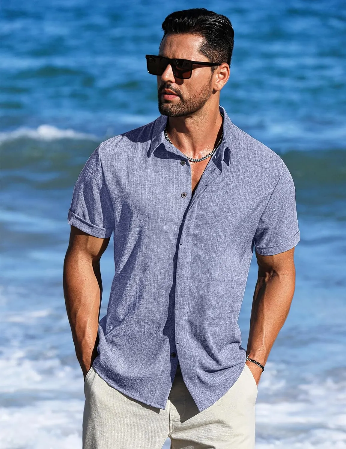 LETSEE Linen Shirts for Men Short Sleeve Button Down Dress Casual Shirt Beach Summer Wedding Hawaiian Outfit