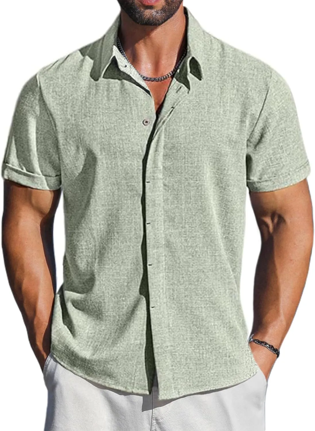 LETSEE Linen Shirts for Men Short Sleeve Button Down Dress Casual Shirt Beach Summer Wedding Hawaiian Outfit