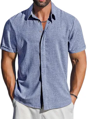 LETSEE Linen Shirts for Men Short Sleeve Button Down Dress Casual Shirt Beach Summer Wedding Hawaiian Outfit