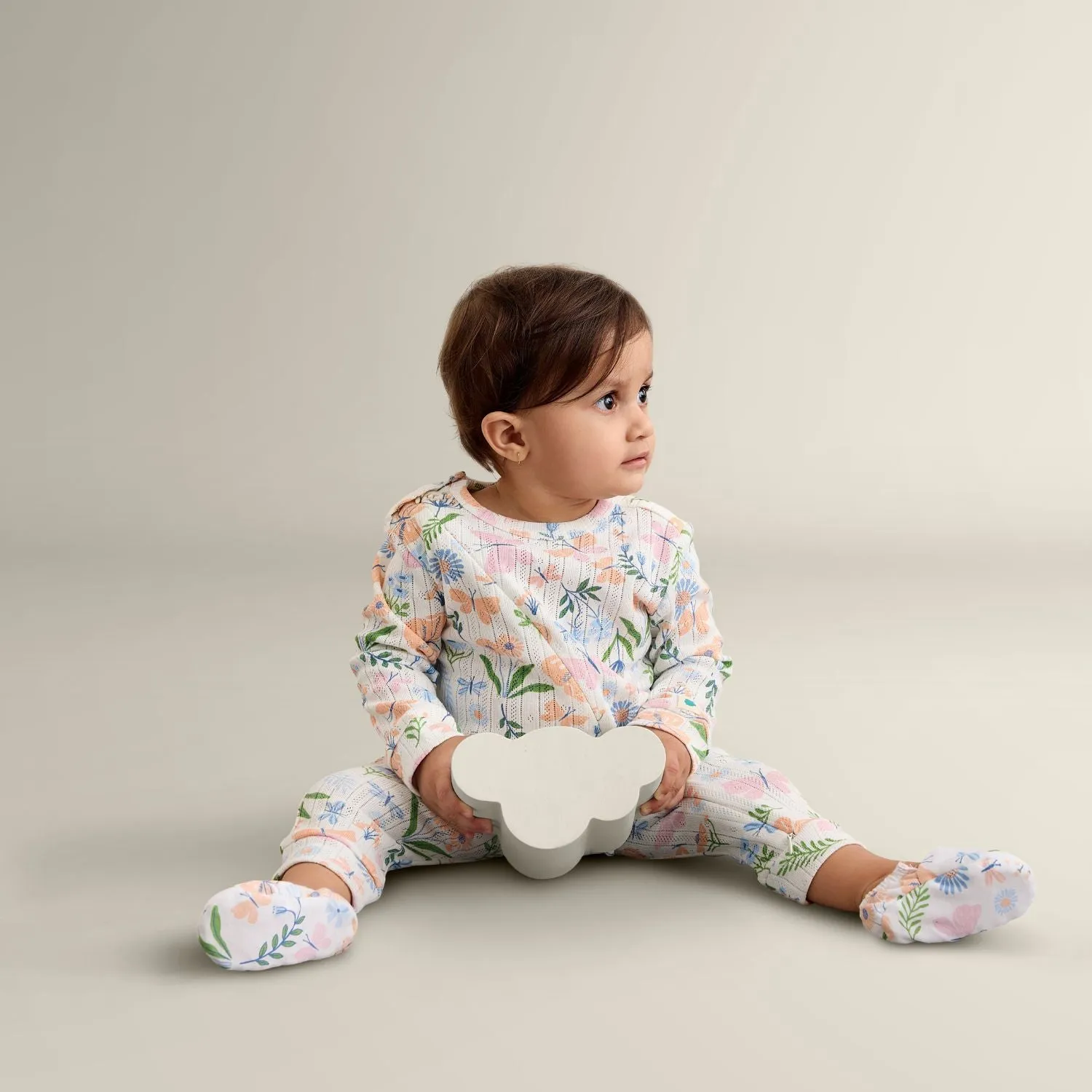 My Milestones Long Sleeves Pointelle Two Way Zipper Romper Enchanted Flora Print - Offwhite