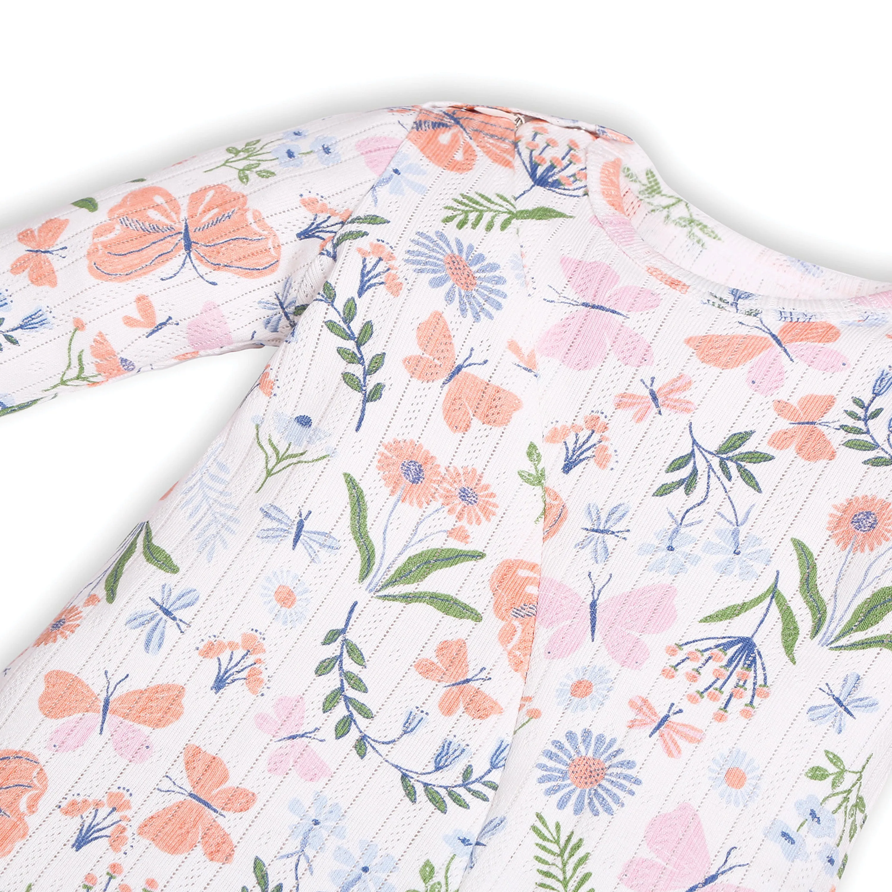 My Milestones Long Sleeves Pointelle Two Way Zipper Romper Enchanted Flora Print - Offwhite