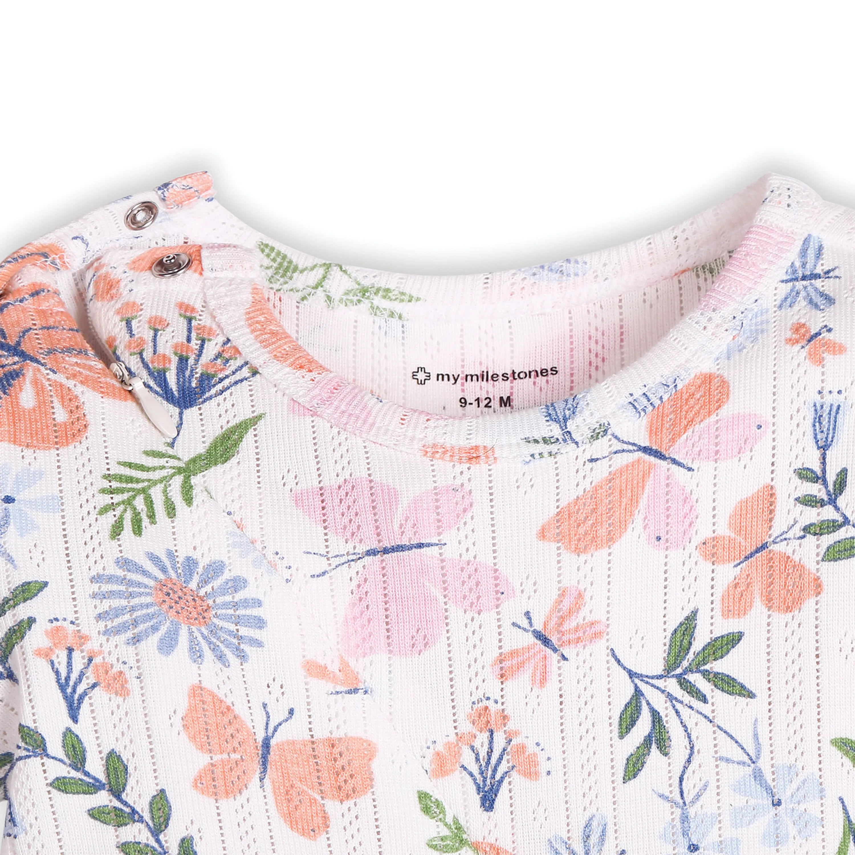 My Milestones Long Sleeves Pointelle Two Way Zipper Romper Enchanted Flora Print - Offwhite