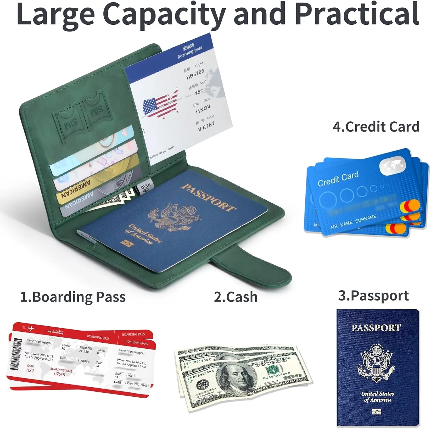 Passport Holder, Passport Cover with Credit Card Slot and Boarding Pass Slot Combo, Passport Wallet Case Book Travel Must Have, RFID Blocking Leather Travel Accessories, Green