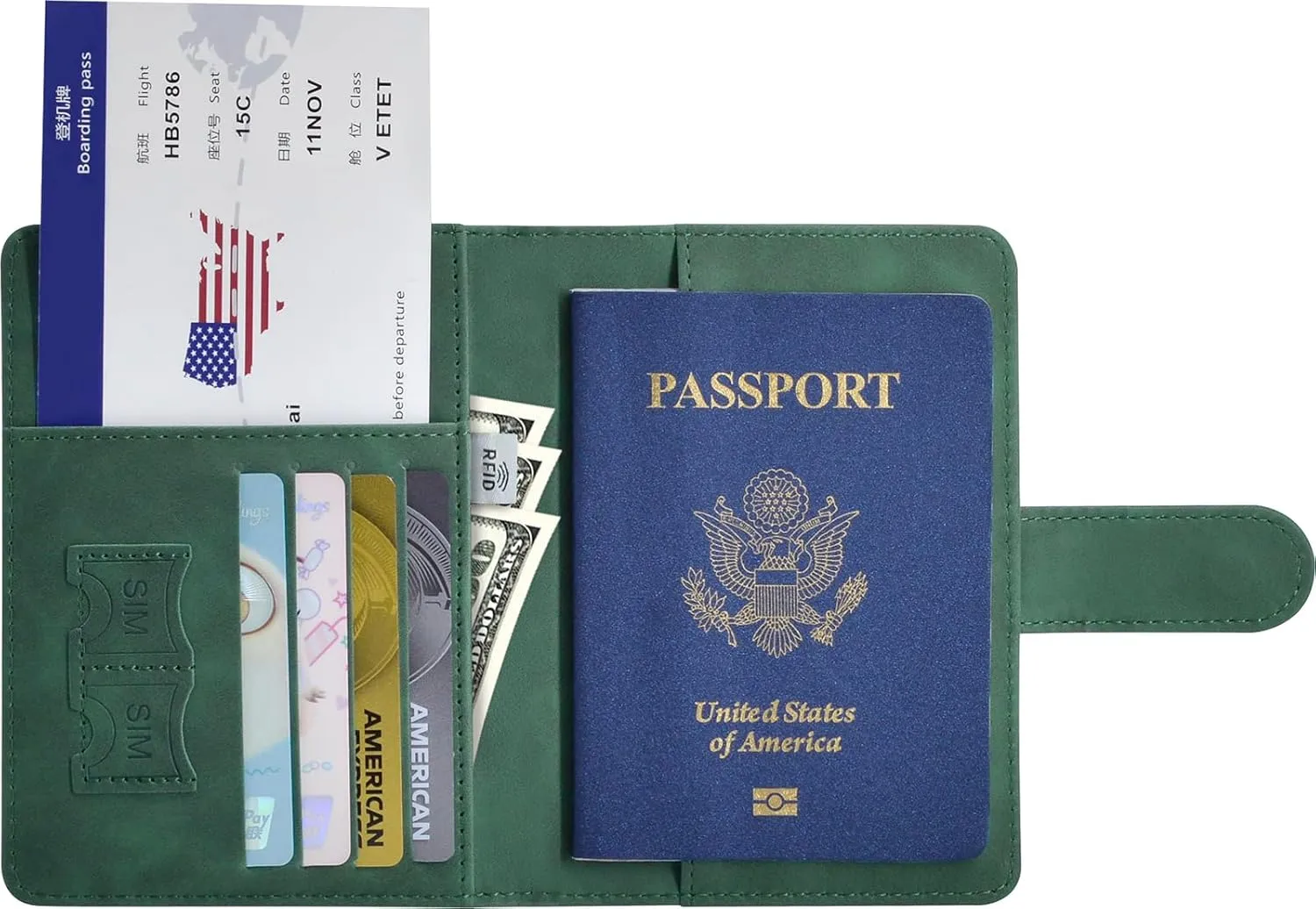 Passport Holder, Passport Cover with Credit Card Slot and Boarding Pass Slot Combo, Passport Wallet Case Book Travel Must Have, RFID Blocking Leather Travel Accessories, Green