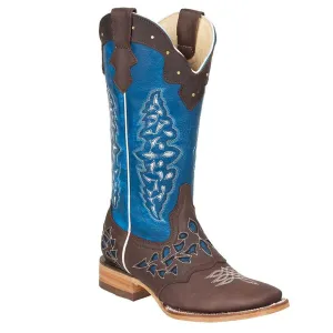 Quincy Boots Womens Crazy Leather Choco/Blue Ranch Toe Western Boot