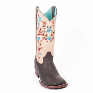 Quincy Boots Womens Floater Leather Floral Chocolate Ranch Toe Western Boot