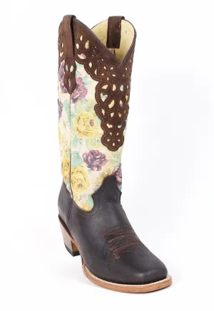 Quincy Boots Womens Grasso and Crazy Leather Floral Print Brown Rodeo Toe Western Boot