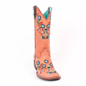 Quincy Boots Womens Napa Leather Floral Cognac Ranch Toe Western Boot