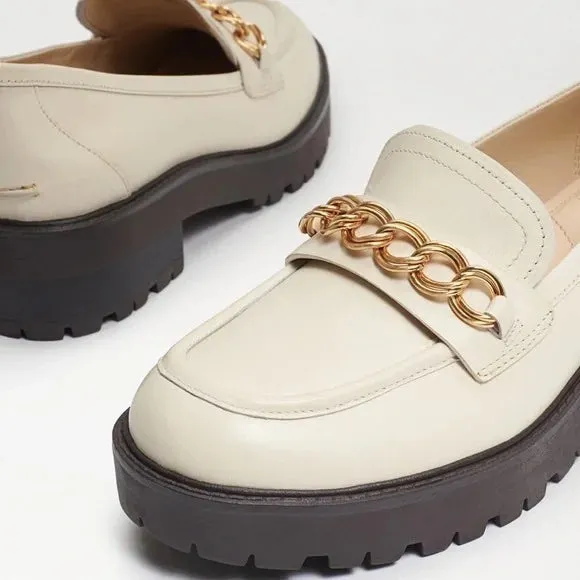 Sam Edelman Taelor Modern Ivory Gold Chain Slip On Round Toe Platform Loafers