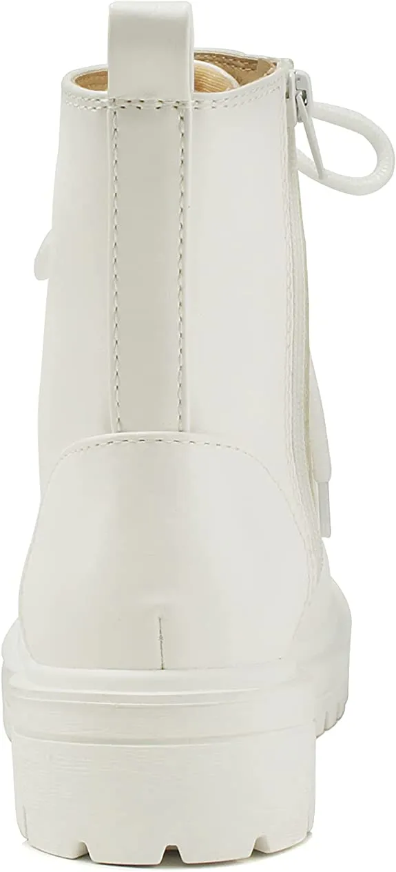 Soda Firm All White Lace Up Rounded Toe Chunky Platform Combat Ankle Wide Boots