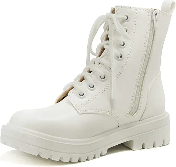 Soda Firm All White Lace Up Rounded Toe Chunky Platform Combat Ankle Wide Boots