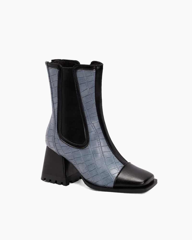 Square Toe Chunky Block Mid Heel Zipper Boots