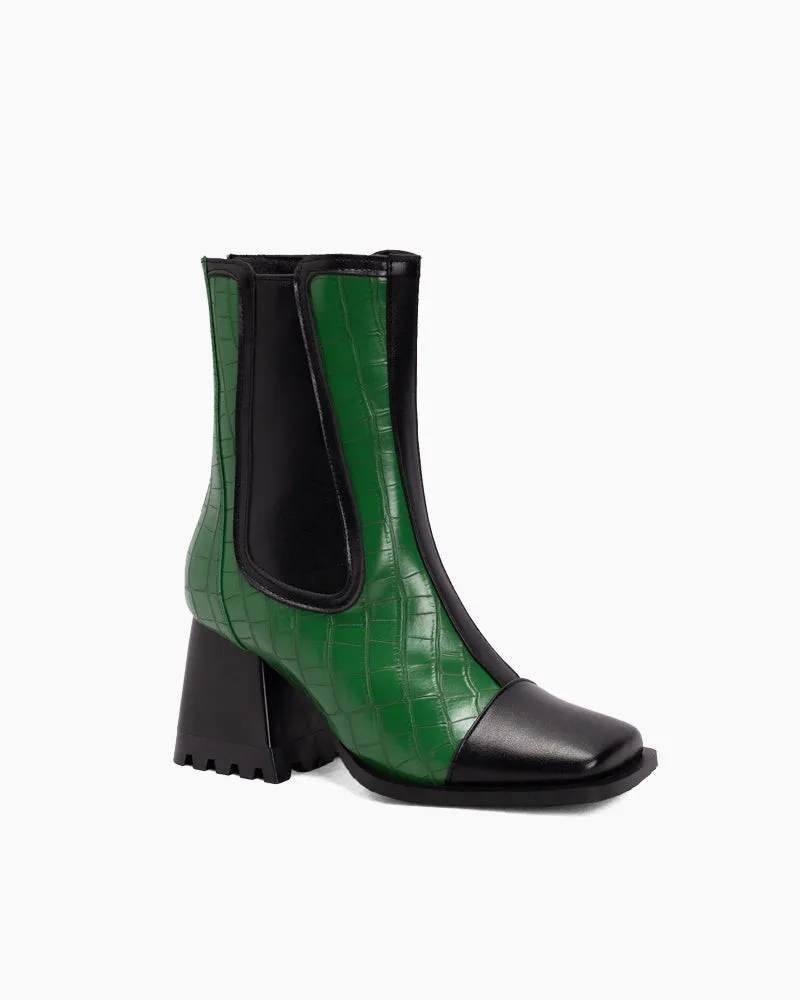 Square Toe Chunky Block Mid Heel Zipper Boots