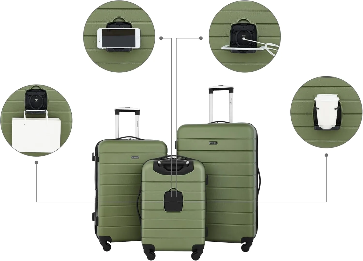 Wrangler Smart Luggage Set with Cup Holder and USB Port, Olive Green, 20-Inch Carry-On